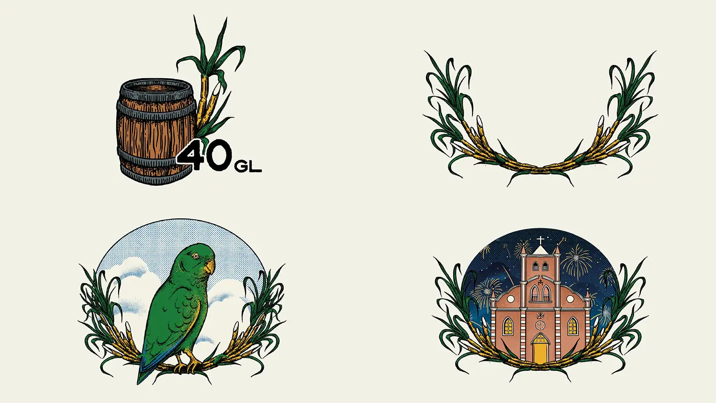 Barril e papagaio ilustrados para as cachaças Bom de Bico e Casório Perfeito