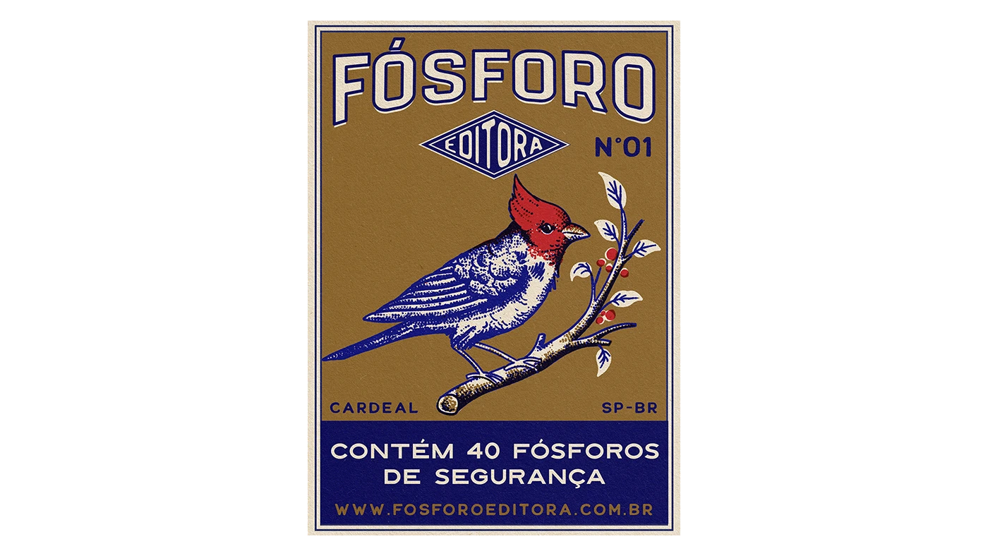 Caixa de fósforos ilustrada com um cardeal sobre fundo preto