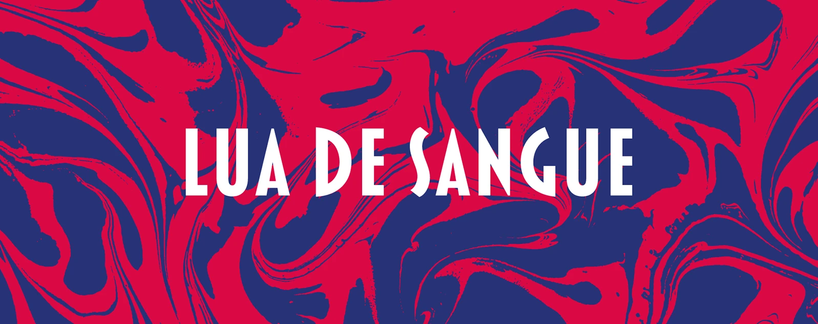 Título Lua de Sangue em branco sobre ilustração vermelha e azul