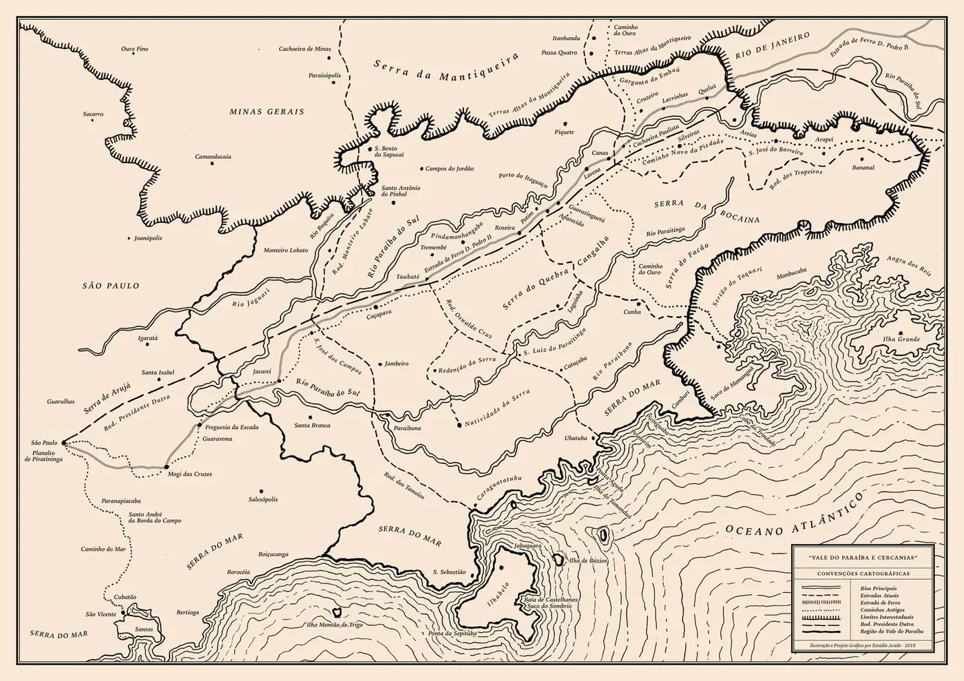 Mapa do Vale do Paraíba impresso, com colunas densas em serifa clássica