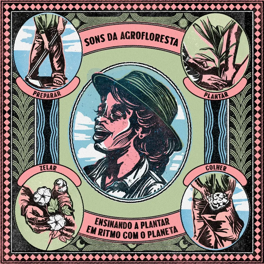 Capa ilustrada de Sons da Agrofloresta, lavradora entre plantas