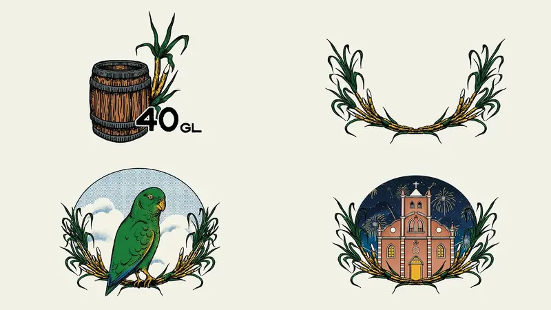 Barril e papagaio ilustrados para as cachaças Bom de Bico e Casório Perfeito