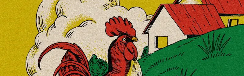 Galo e paisagem rural ilustrados para os cartazes do Restaurante Teus