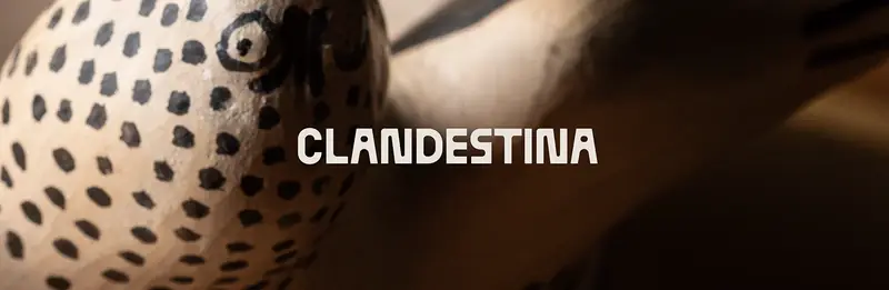 Nome Clandestina em branco sobre fotografia de cerâmica e tecido
