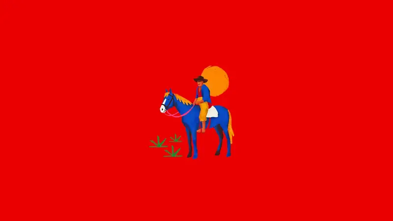 Figura montada a cavalo em vermelho, identidade do lançamento do Sesc Taubaté